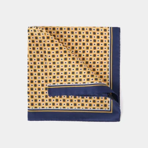 Pochette fond jaune à motif géométrique marine et blanc
