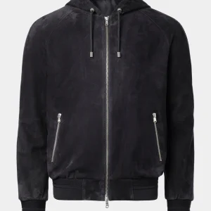 Blouson en peau à capuche zippé - Noir
