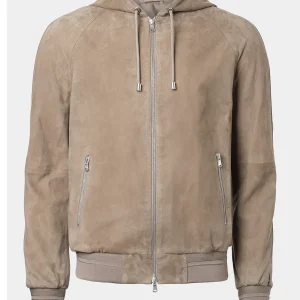 Blouson en peau à capuche zippé - Taupe