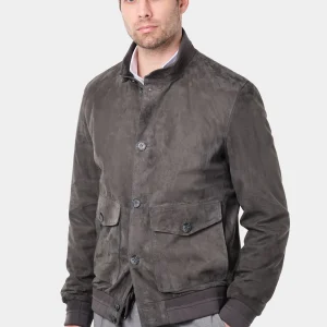 Blouson en peau boutonné - Anthracite