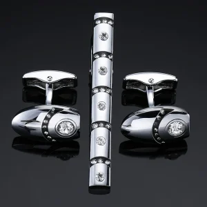 Ensemble Boutons de Manchette et Pince à Cravate Argentés Diamants